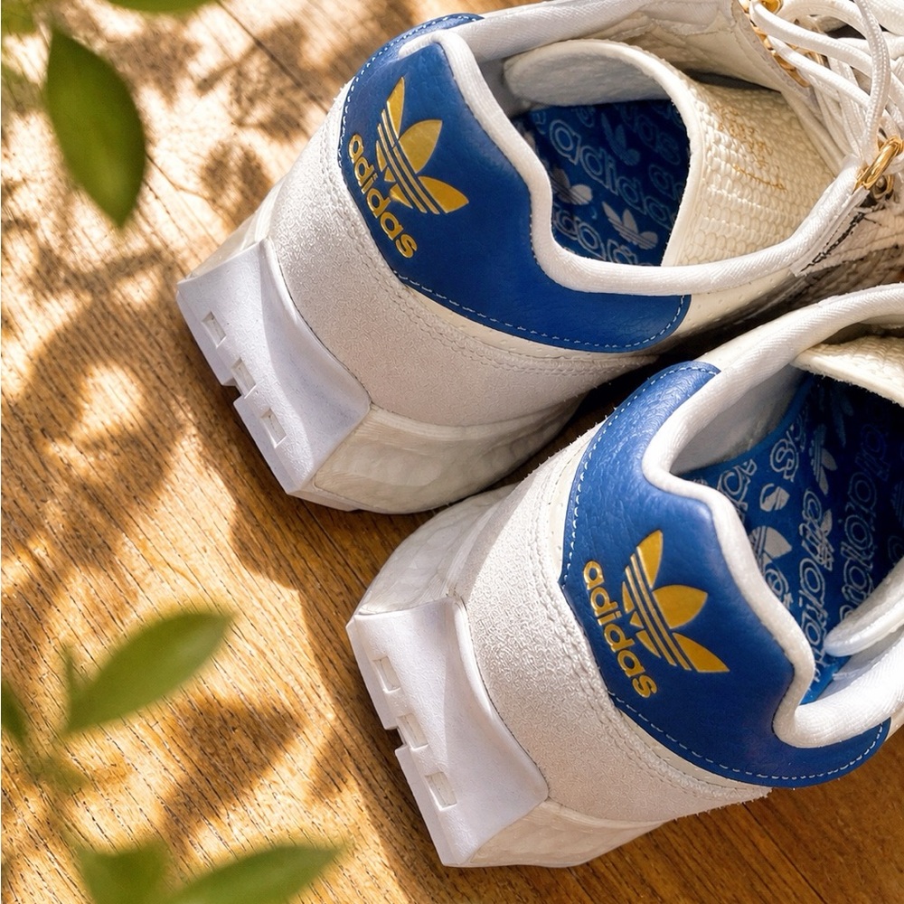 adidas Women's White and Blue Athletic Sneakers with gold accents - Picture 5 of 6